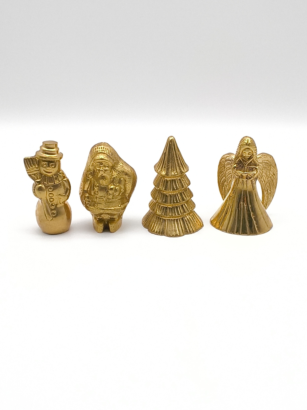 Vintage Set of 4 Solid Brass Christmas Figurines - Snowman, Santa, Tree, Angel